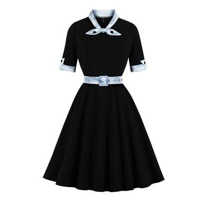 1950s Dresses for Women 50s Style Audrey Hepburn Vintage 1940s Rockabilly Retro Short Sleeve Tie Summer A Line Swing Midi Skater Dress Cocktail Party Evening Prom Gown Plus Size Black M