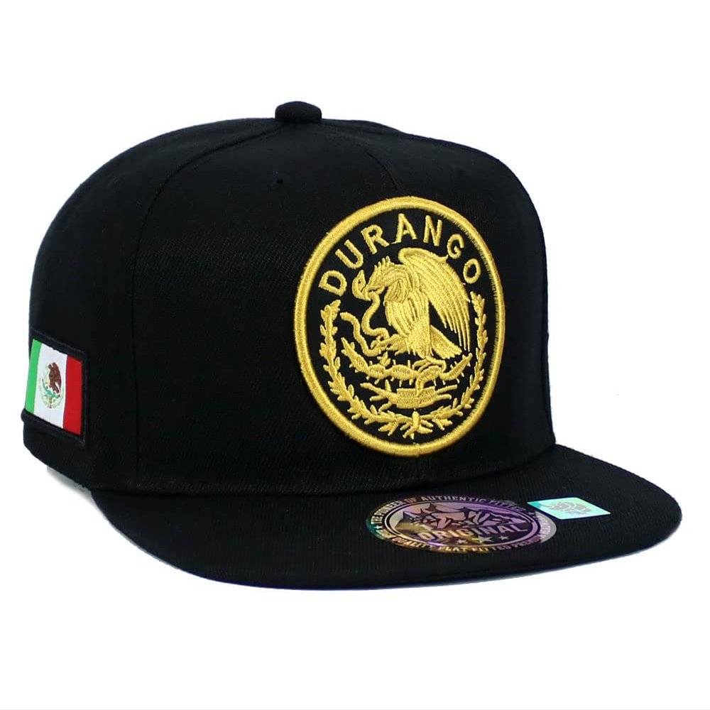 Mexican Hat Mexico State Federal Logo Embroidered Snapback Flat Bill Baseball Cap (Durango- Black/Gold)
