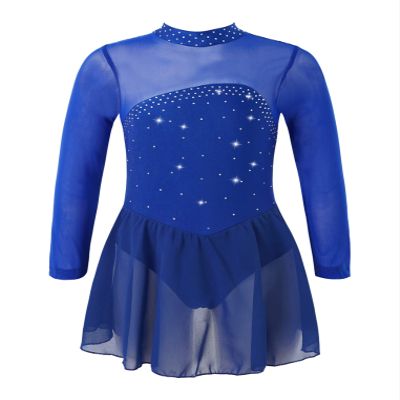 Oyolan Kids Girls Rhinestones Figure Ice Skating Dress Mesh Spliced Long Sleeve Keyhole Back Ballet Dance Leotard Dress Royal Blue 16 Years