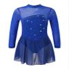 Oyolan Kids Girls Rhinestones Figure Ice Skating Dress Mesh Spliced Long Sleeve Keyhole Back Ballet Dance Leotard Dress Royal Blue 16 Years view 1