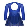 Oyolan Kids Girls Rhinestones Figure Ice Skating Dress Mesh Spliced Long Sleeve Keyhole Back Ballet Dance Leotard Dress Royal Blue 16 Years view 2