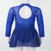 Oyolan Kids Girls Rhinestones Figure Ice Skating Dress Mesh Spliced Long Sleeve Keyhole Back Ballet Dance Leotard Dress Royal Blue 16 Years view 4
