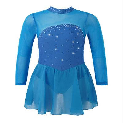 Oyolan Kids Girls Rhinestones Figure Ice Skating Dress Mesh Spliced Long Sleeve Keyhole Back Ballet Dance Leotard Dress Sky Blue 12 Years