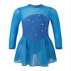 Oyolan Kids Girls Rhinestones Figure Ice Skating Dress Mesh Spliced Long Sleeve Keyhole Back Ballet Dance Leotard Dress Sky Blue 12 Years view 1