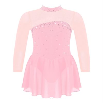 Oyolan Kids Girls Rhinestones Figure Ice Skating Dress Mesh Spliced Long Sleeve Keyhole Back Ballet Dance Leotard Dress Pink 12 Years