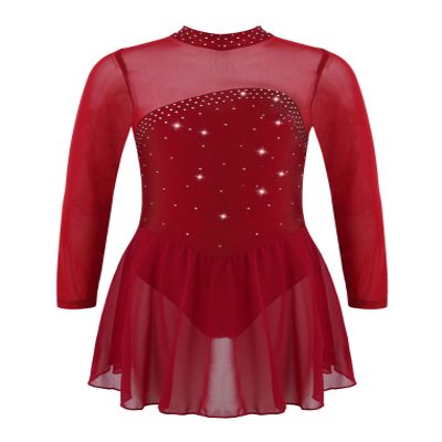 Oyolan Kids Girls Rhinestones Figure Ice Skating Dress Mesh Spliced Long Sleeve Keyhole Back Ballet Dance Leotard Dress Burgundy 12 Years