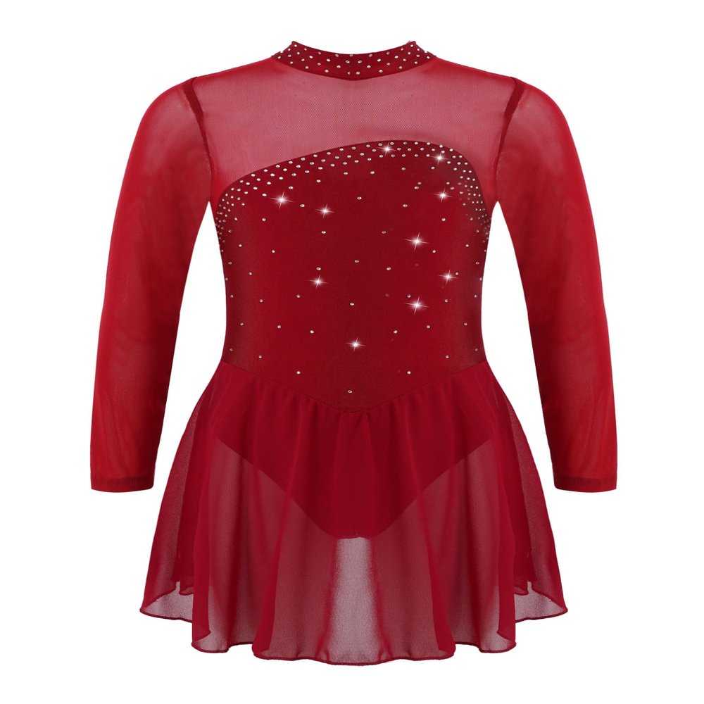 Oyolan Kids Girls Rhinestones Figure Ice Skating Dress Mesh Spliced Long Sleeve Keyhole Back Ballet Dance Leotard Dress Burgundy 12 Years
