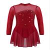 Oyolan Kids Girls Rhinestones Figure Ice Skating Dress Mesh Spliced Long Sleeve Keyhole Back Ballet Dance Leotard Dress Burgundy 12 Years view 1