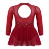 Oyolan Kids Girls Rhinestones Figure Ice Skating Dress Mesh Spliced Long Sleeve Keyhole Back Ballet Dance Leotard Dress Burgundy 12 Years view 2