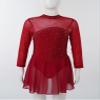 Oyolan Kids Girls Rhinestones Figure Ice Skating Dress Mesh Spliced Long Sleeve Keyhole Back Ballet Dance Leotard Dress Burgundy 12 Years view 3