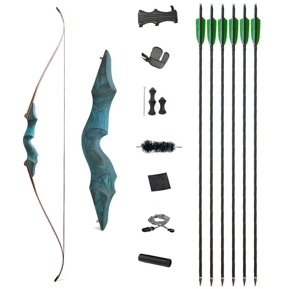 60 Inch Black Hunter Takedown Recurve Bow and Arrow Kit 20-60 Lbs Wooden Traditional Longbow American Hunting Bow for Right Hand (25 lbs, Blue Bow Set)