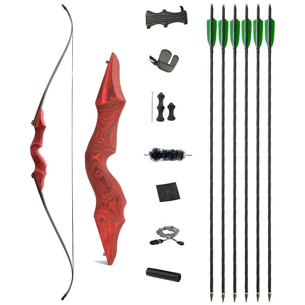 60 Inch Black Hunter Takedown Recurve Bow and Arrow Kit 20-60 Lbs Wooden Traditional Longbow American Hunting Bow for Right Hand (55 lbs, red Bow Set)