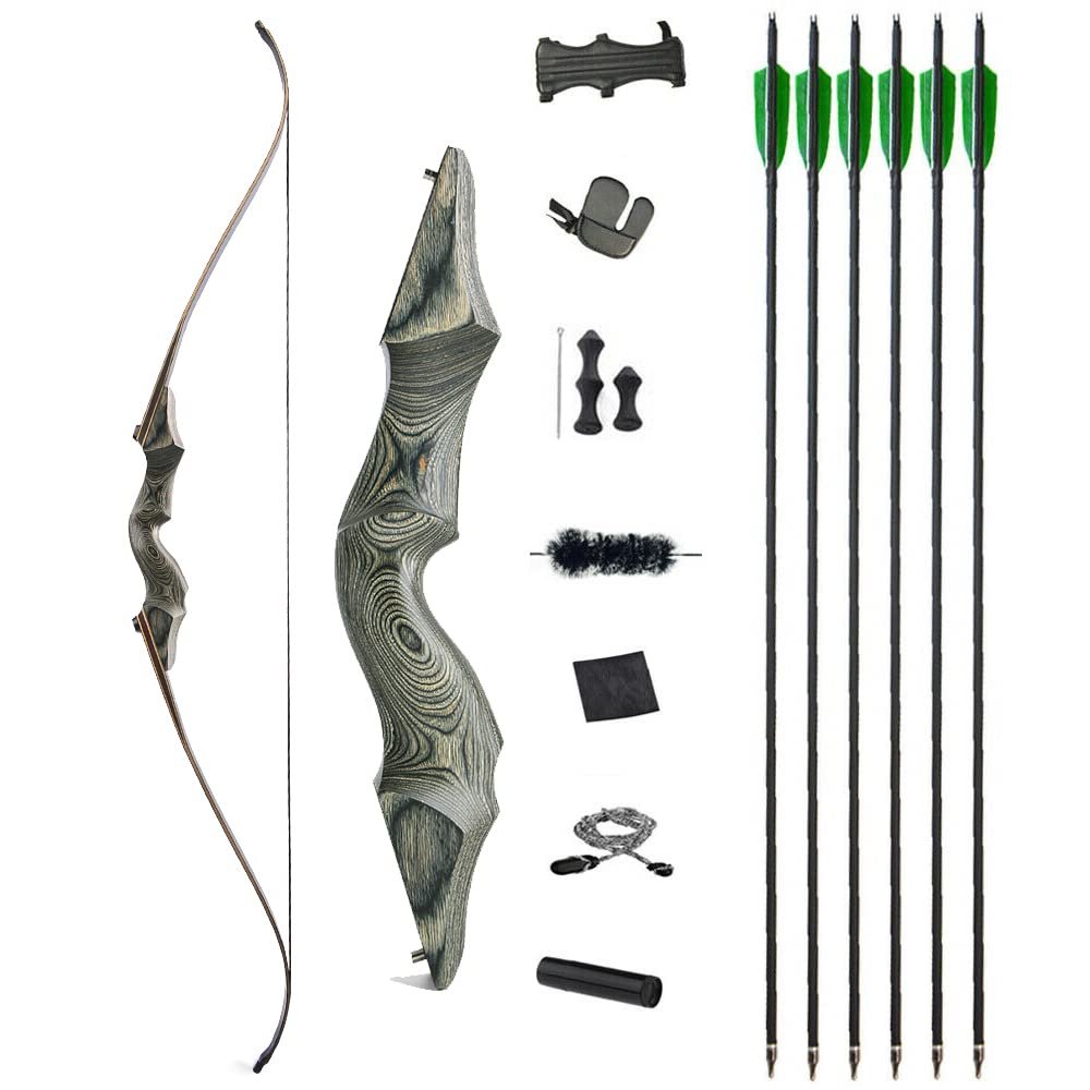 60 Inch Black Hunter Takedown Recurve Bow and Arrow Kit 20-60 Lbs Wooden Traditional Longbow American Hunting Bow for Right Hand (35 lbs, Black Bow Set)