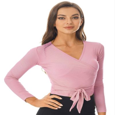 Fldy Girl's Women's Wrap Top Cotton Kinit Ballet Dance Cardigan Shrug Sweater Long Sleeves Dance Crop Tops Pink Small