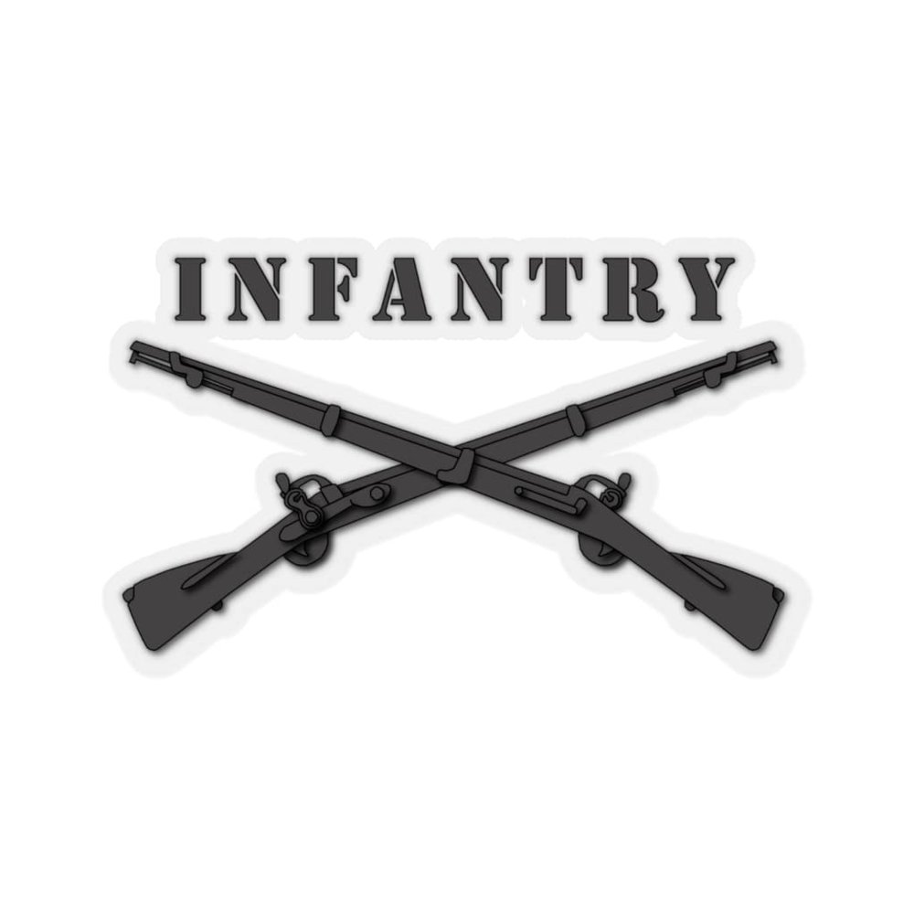 Kiss-Cut Stickers - Army - Infantry Br - Crossed Rifles Blk w Txt (4"x4", Transparent)