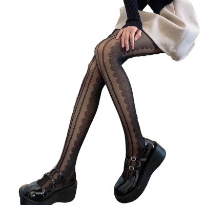 Zzple Womens Knee High Socks - Lolita Socks Lace Pantyhose Women's Stockings White Black Stockings (Color : Black, Size : One Size)