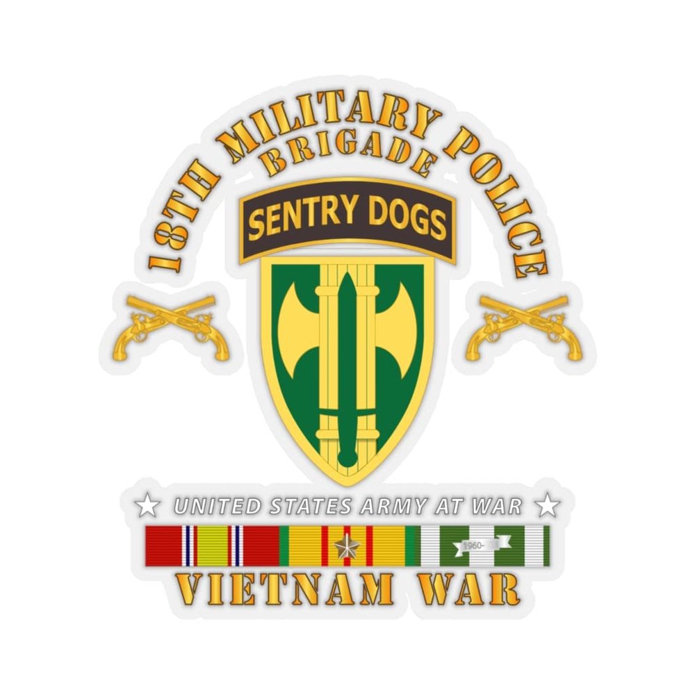 Kiss-Cut Stickers - Army - 18th MP Brigade - Sentry Dogs Tab - Vietnam w VN SVC (6"x6", Transparent)