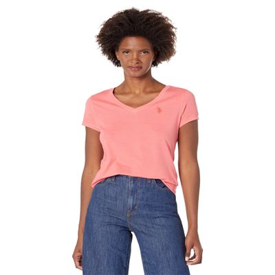 U.S. Polo Assn. Women's Short-Sleeve V-Neck T-Shirt - Signature Embroidered Pony Logo, Casual Fit, Comfortable & Stylish Tee for Women, Calypso Coral, Large