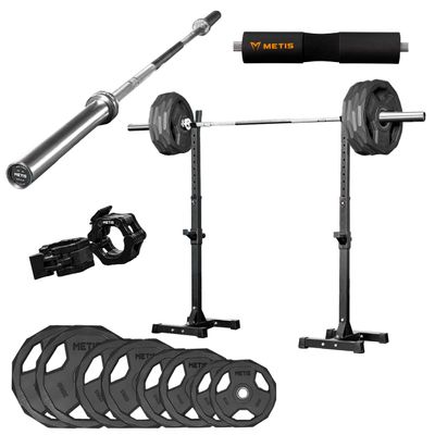 METIS Complete Squat Rack Set - Complete Squat Set | 1x Adjustable Squat Rack, 1x Olympic Barbell, 1x Foam Barbell Pad, 2X Weight Clips, 2X 5kg, 10kg, 15kg & 20kg Weight Set
