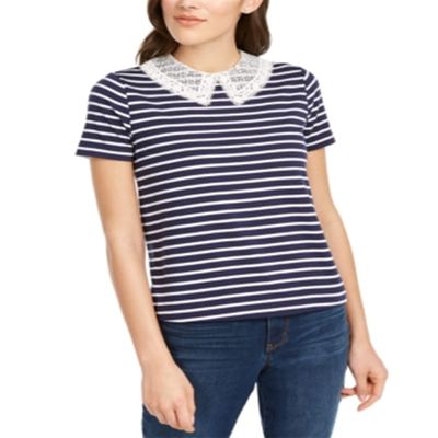 Maison Jules Women's Blouse Navy Knit Lace Collar Stripe Blue XS