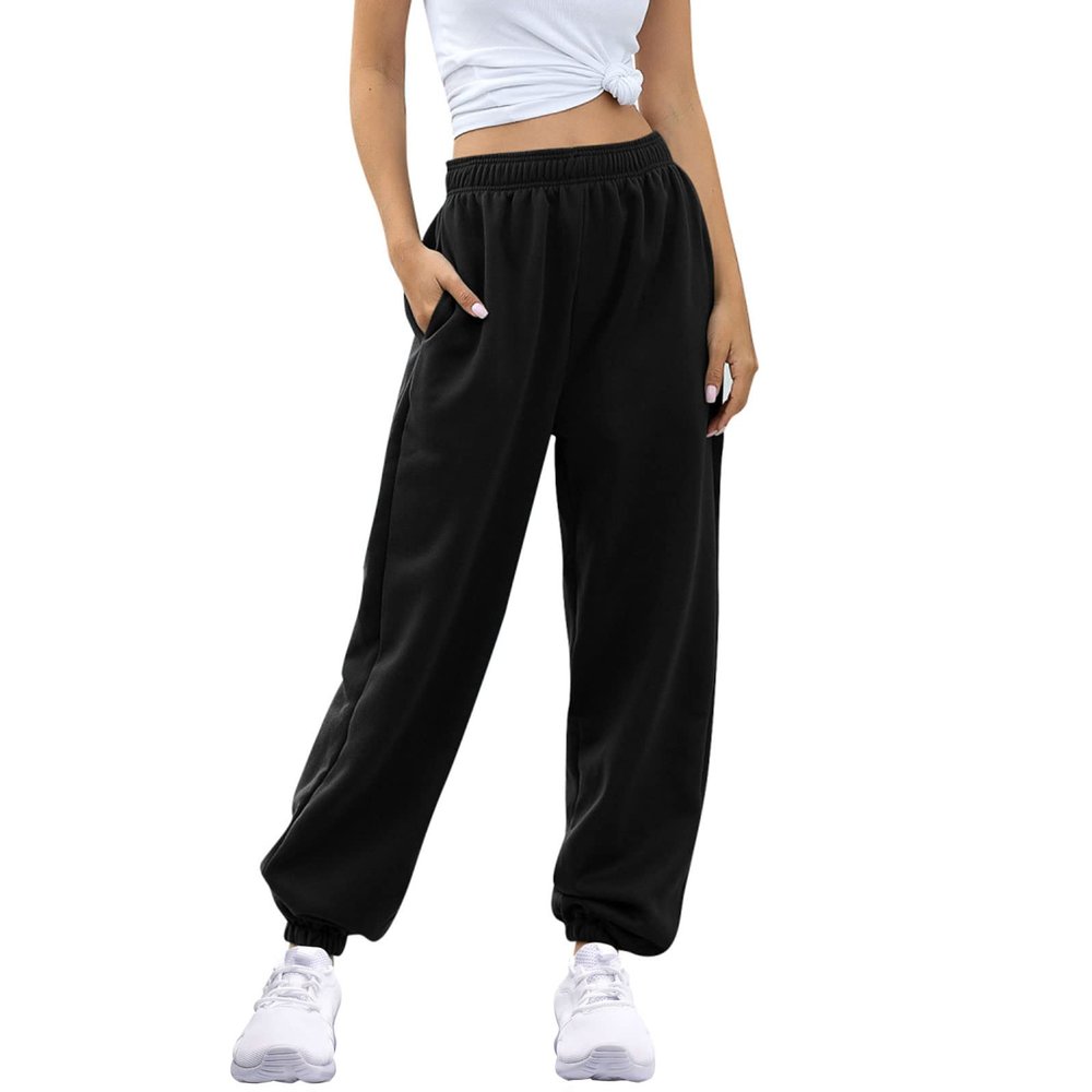 ASHER FASHION Women's Active High Waist Jogger Sweatpants Baggy Lounge Yoga Pants with Pockets Sporty, Black, Medium