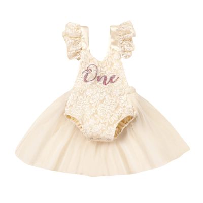1st First Birthday Outfit Girl Ruffle Short Sleeve Floral Lace One Onesie Tulle Princess Dress+Headband Baby One Year Old Birthday Gift Cake Smash Party Photo Shoot ApricotWithout Crown 912 Months