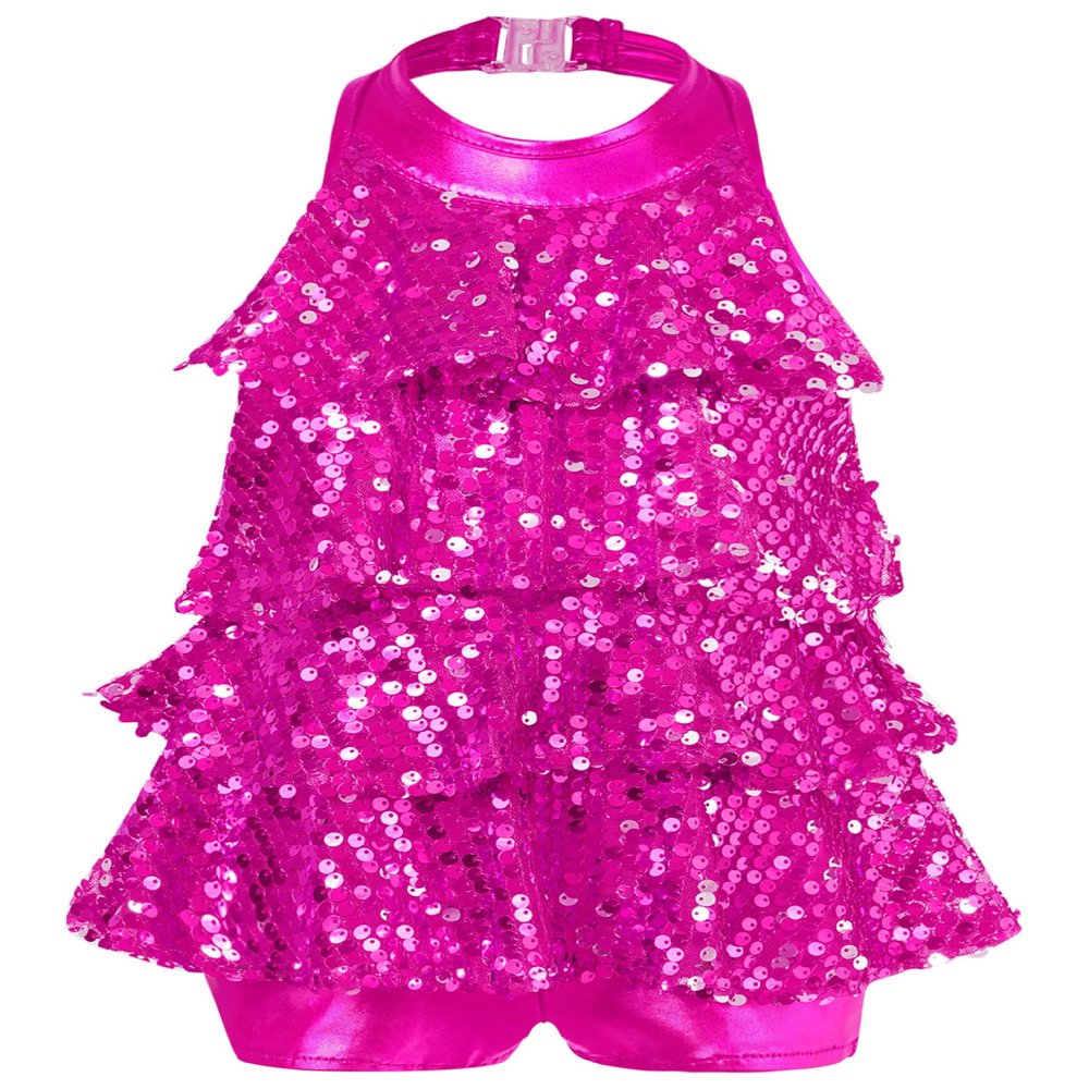Fldy Kids Girls Shiny Sequins Leotard Dress Backless Dance Performance Costume for Hip Hop Jazz Stage Recital Rose 10 Years