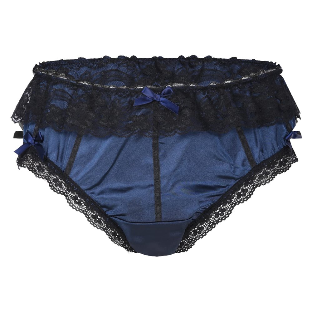 Freebily Men's Sissy Ruffle Lace Trim Briefs Bowknot Shiny Satin Underpants Crossdress Panties Dark_Blue Large