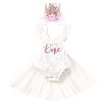 1st First Birthday Outfit Girl Ruffle Short Sleeve Floral Lace One Onesie Tulle Princess Dress+Headband Baby One Year Old Birthday Gifts Cake Smash Party Photo Shoot WhiteWith Crown 912 Months
