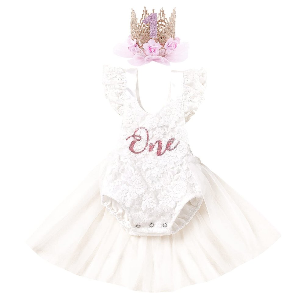 1st First Birthday Outfit Girl Ruffle Short Sleeve Floral Lace One Onesie Tulle Princess Dress+Headband Baby One Year Old Birthday Gifts Cake Smash Party Photo Shoot WhiteWith Crown 912 Months