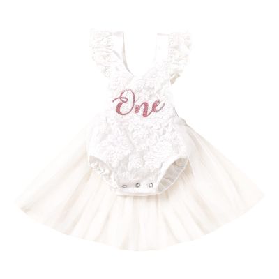 1st First Birthday Outfit Girl Ruffle Short Sleeve Floral Lace One Onesie Tulle Princess Dress+Headband Baby One Year Old Birthday Gifts Cake Smash Party Photo Shoot WhiteWithout Crown 912 Months
