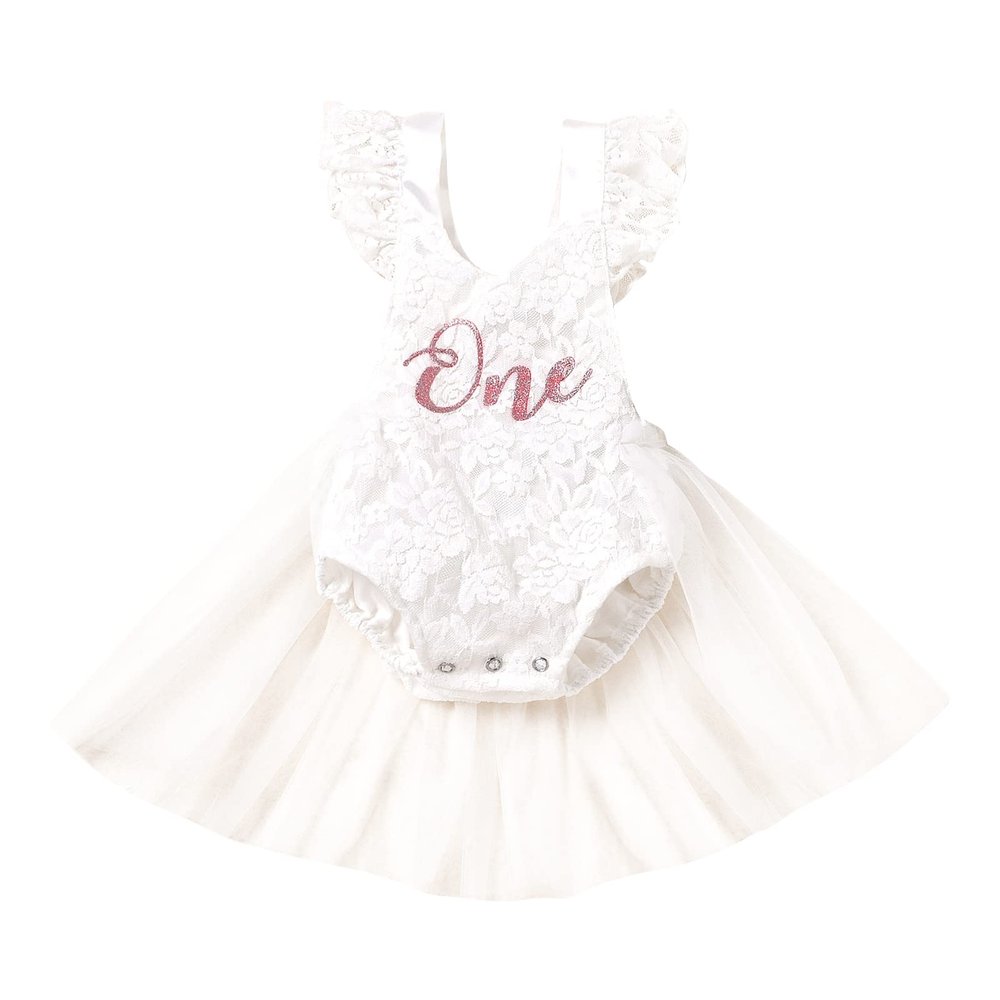 1st First Birthday Outfit Girl Ruffle Short Sleeve Floral Lace One Onesie Tulle Princess Dress+Headband Baby One Year Old Birthday Gifts Cake Smash Party Photo Shoot WhiteWithout Crown 912 Months