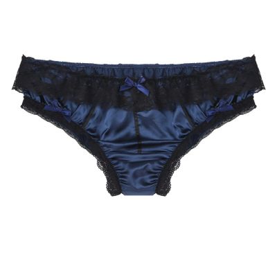 Linjinx Men's Soft Shiny Satin Cheeky Bloomer Thong Lace Trim Underwear Gay Crossdress Panties Dark_Blue A X-Large