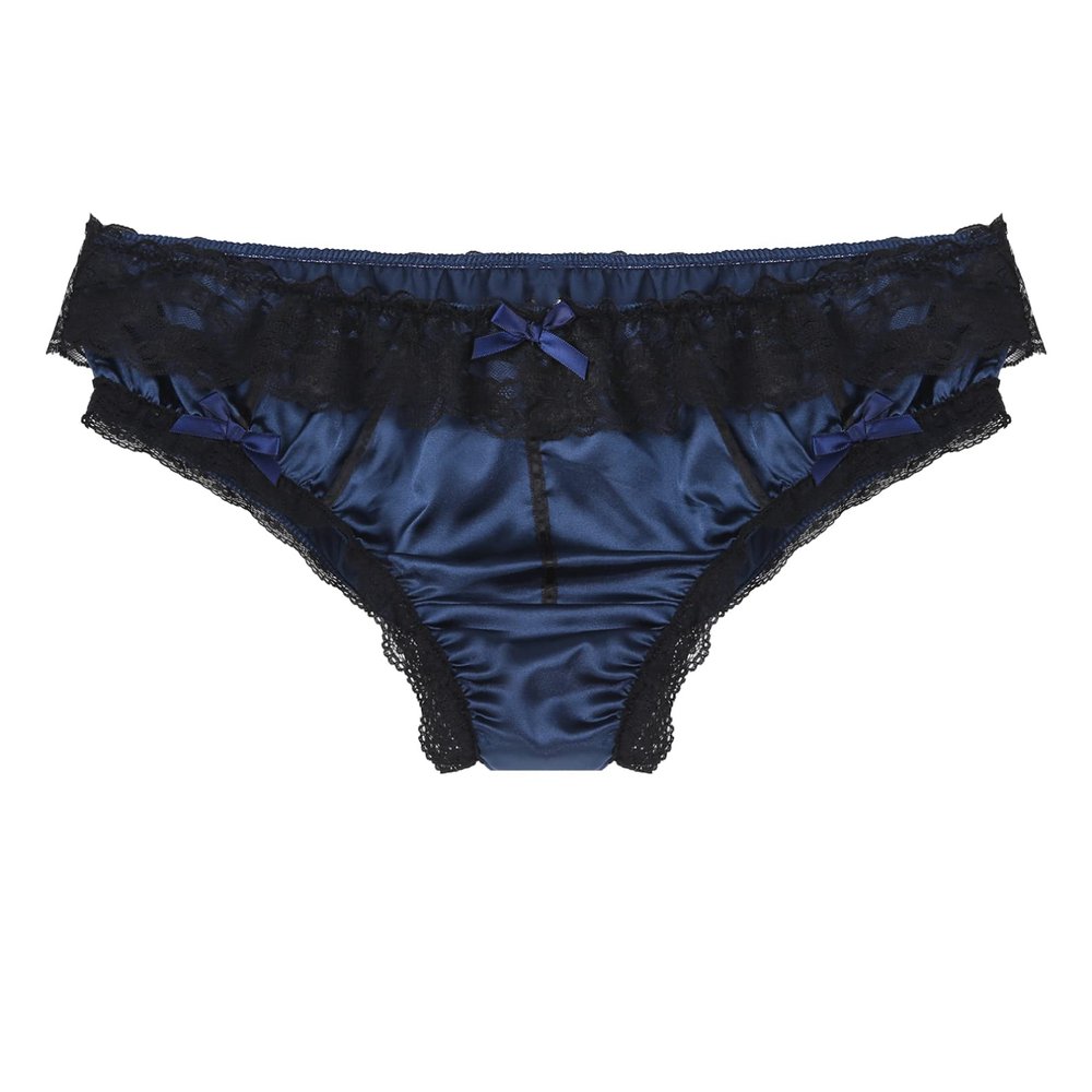Linjinx Men's Soft Shiny Satin Cheeky Bloomer Thong Lace Trim Underwear Gay Crossdress Panties Dark_Blue A X-Large