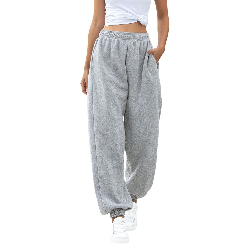 ASHER FASHION Women's Active High Waist Jogger Sweatpants Baggy Lounge Yoga Pants with Pockets Sporty Gray S