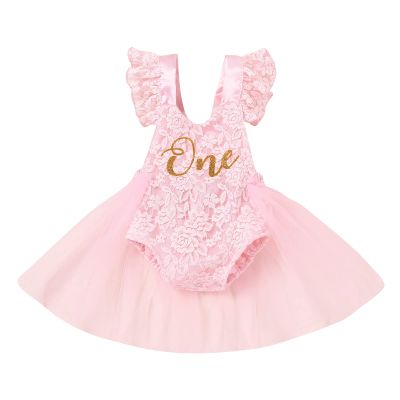 1st First Birthday Outfit Girl Ruffle Short Sleeve Floral Lace One Onesie Tulle Princess Dress+Headband Baby One Year Old Birthday Gifts Cake Smash Party Photo Shoot PinkWithout Crown 12-18 Months