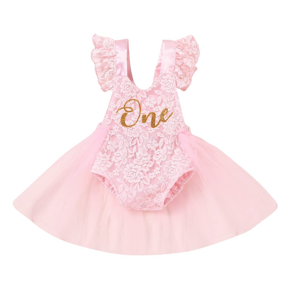 1st First Birthday Outfit Girl Ruffle Short Sleeve Floral Lace One Onesie Tulle Princess Dress+Headband Baby One Year Old Birthday Gifts Cake Smash Party Photo Shoot PinkWithout Crown 12-18 Months