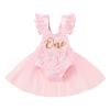 1st First Birthday Outfit Girl Ruffle Short Sleeve Floral Lace One Onesie Tulle Princess Dress+Headband Baby One Year Old Birthday Gifts Cake Smash Party Photo Shoot PinkWithout Crown 12-18 Months view 1