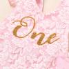1st First Birthday Outfit Girl Ruffle Short Sleeve Floral Lace One Onesie Tulle Princess Dress+Headband Baby One Year Old Birthday Gifts Cake Smash Party Photo Shoot PinkWithout Crown 12-18 Months view 3
