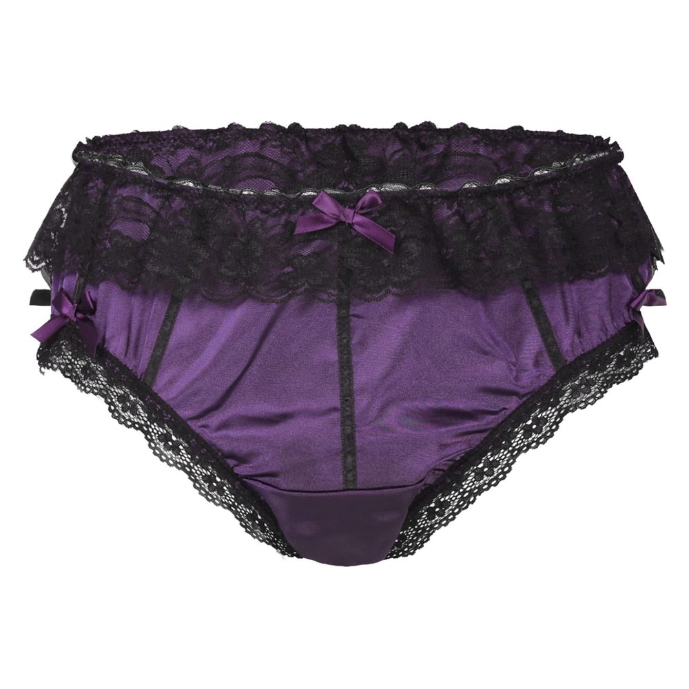 LiiYii Men's Shiny Satin Lace Bikini Briefs Sissy Pouch Panties Knickers Crossdress Underwear Purple Medium