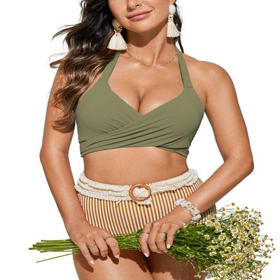 CRZ YOGA Womens Push Up Bikini Top Underwire Padded Bathing Suit Criss Cross Halter Retro Ruched Swimsuit Tops Moss Green 40B/C