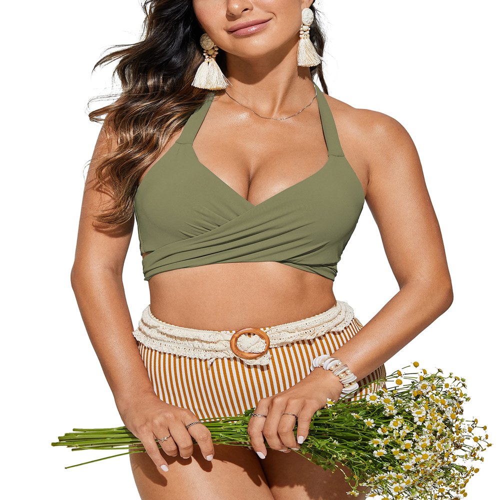 CRZ YOGA Womens Push Up Bikini Top Underwire Padded Bathing Suit Criss Cross Halter Retro Ruched Swimsuit Tops Moss Green 40B/C