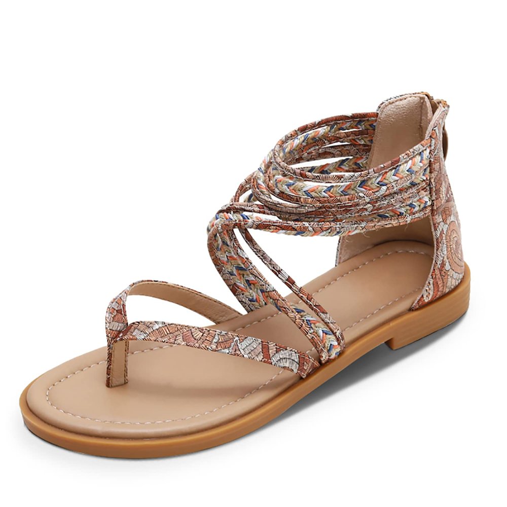 FRALOSHA Womens Sandals Summer Flat Thong Cross Strappy Beach Gladiator Shoes with Zipper Brown 6