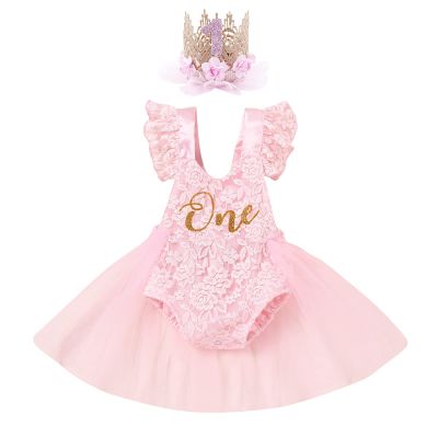 1st First Birthday Outfit Girl Ruffle Short Sleeve Floral Lace One Onesie Tulle Princess Dress+Headband Baby One Year Old Birthday Gifts Cake Smash Party Photo Shoot PinkWith Crown 912 Months
