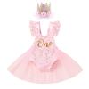 1st First Birthday Outfit Girl Ruffle Short Sleeve Floral Lace One Onesie Tulle Princess Dress+Headband Baby One Year Old Birthday Gifts Cake Smash Party Photo Shoot PinkWith Crown 912 Months view 1