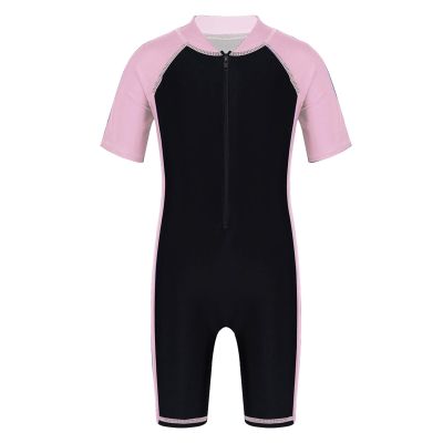 Moily Unisex Boys/Girls Zippered Thermal Shorty Wetsuit UV Sun Protection Rash Guard Set Swimwear Pink&Black A 7-8