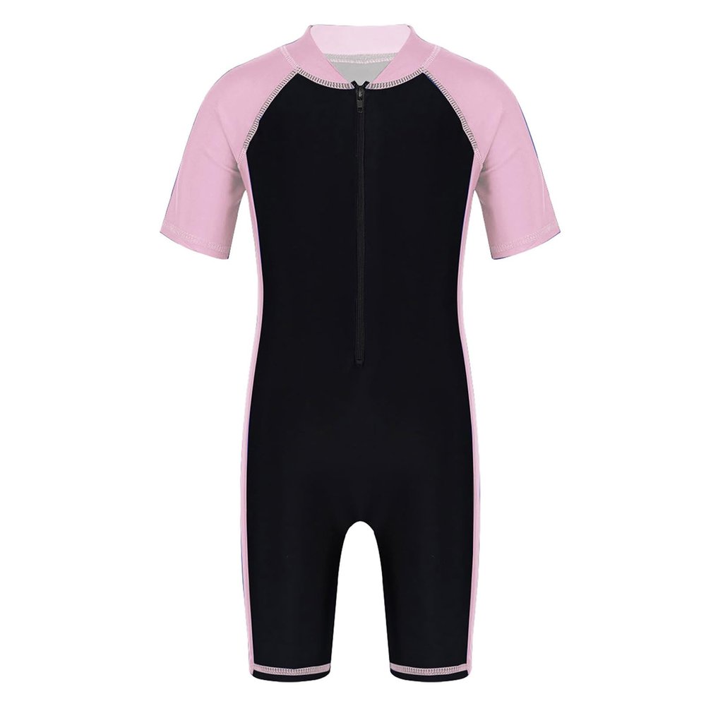 Moily Unisex Boys/Girls Zippered Thermal Shorty Wetsuit UV Sun Protection Rash Guard Set Swimwear Pink&Black A 7-8