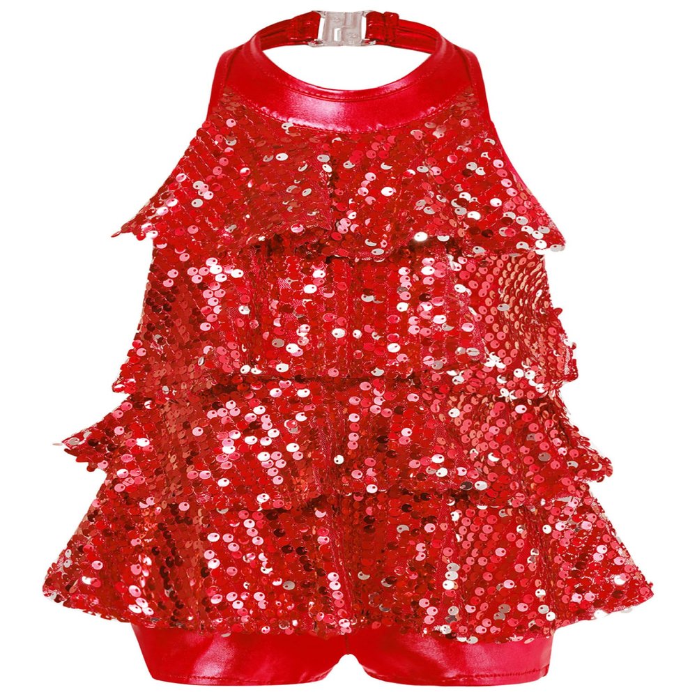 Fldy Kids Girls Shiny Sequins Leotard Dress Backless Dance Performance Costume for Hip Hop Jazz Stage Recital Red 6 Years