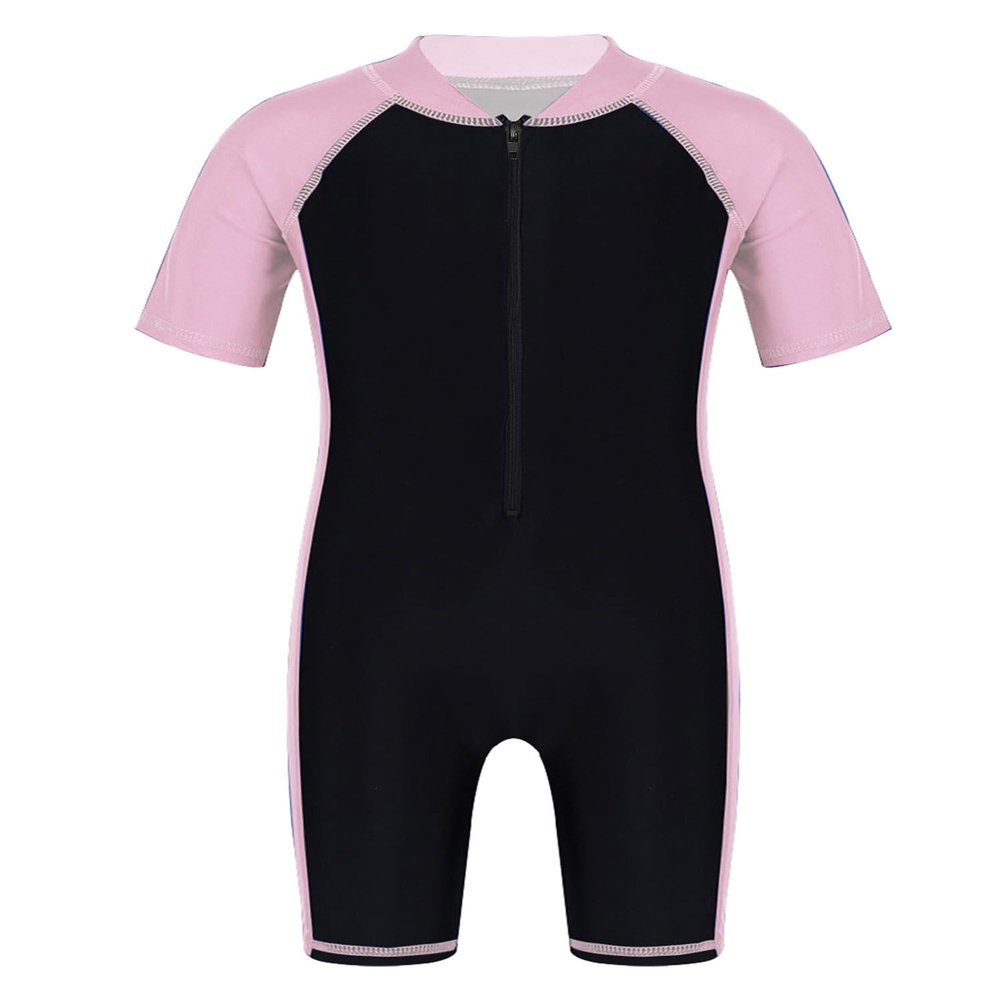 Yihuimin Unisex Kids 1ps Swimwear Zippered Shorty Wetsuit Swimsuit Color Contrast Bathing Suit for Surfing Pink&Black 8-10 Years