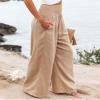 chouyatou Women's Smocked High Waisted Cotton Linen Wide Leg Pants Palazzo with Pockets (Medium, Khaki) view 2